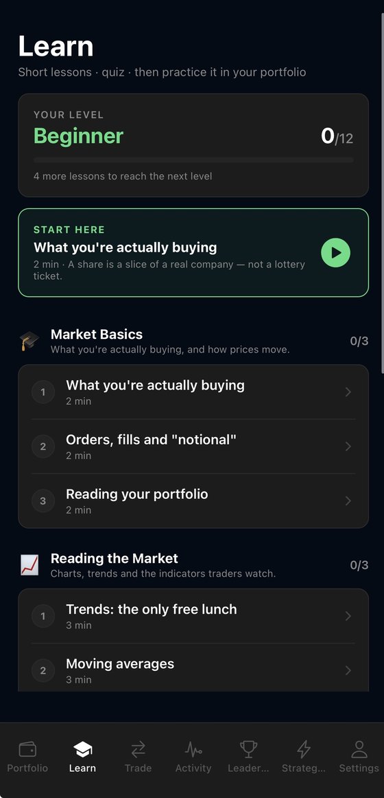 The AlgoEdge Learn tab: your level, a Start Here lesson card, and the Market Basics track.